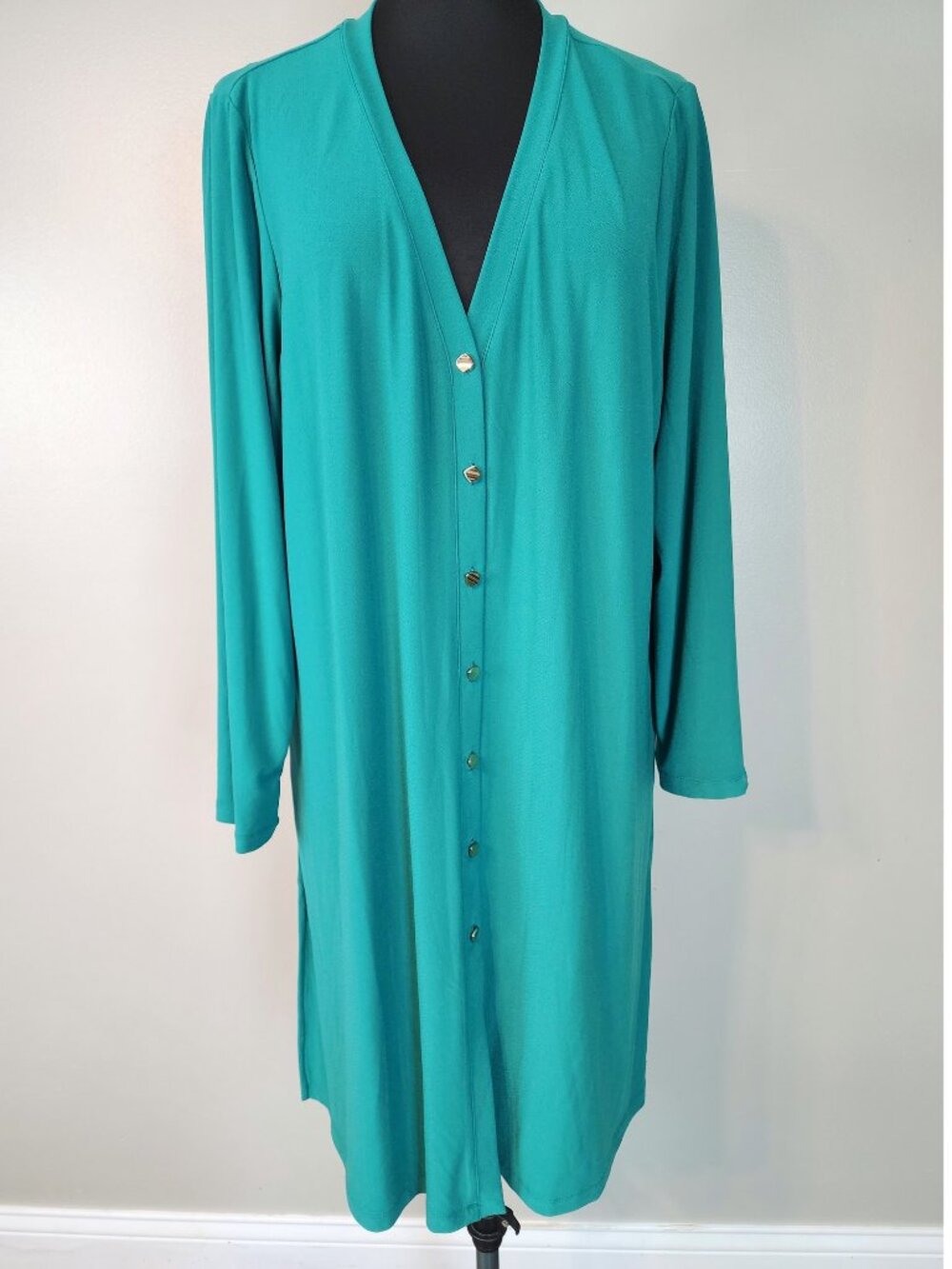 Susan Graver XL Every Day Liquid Knit Button Front Cardigan Duster Teal Cover Up